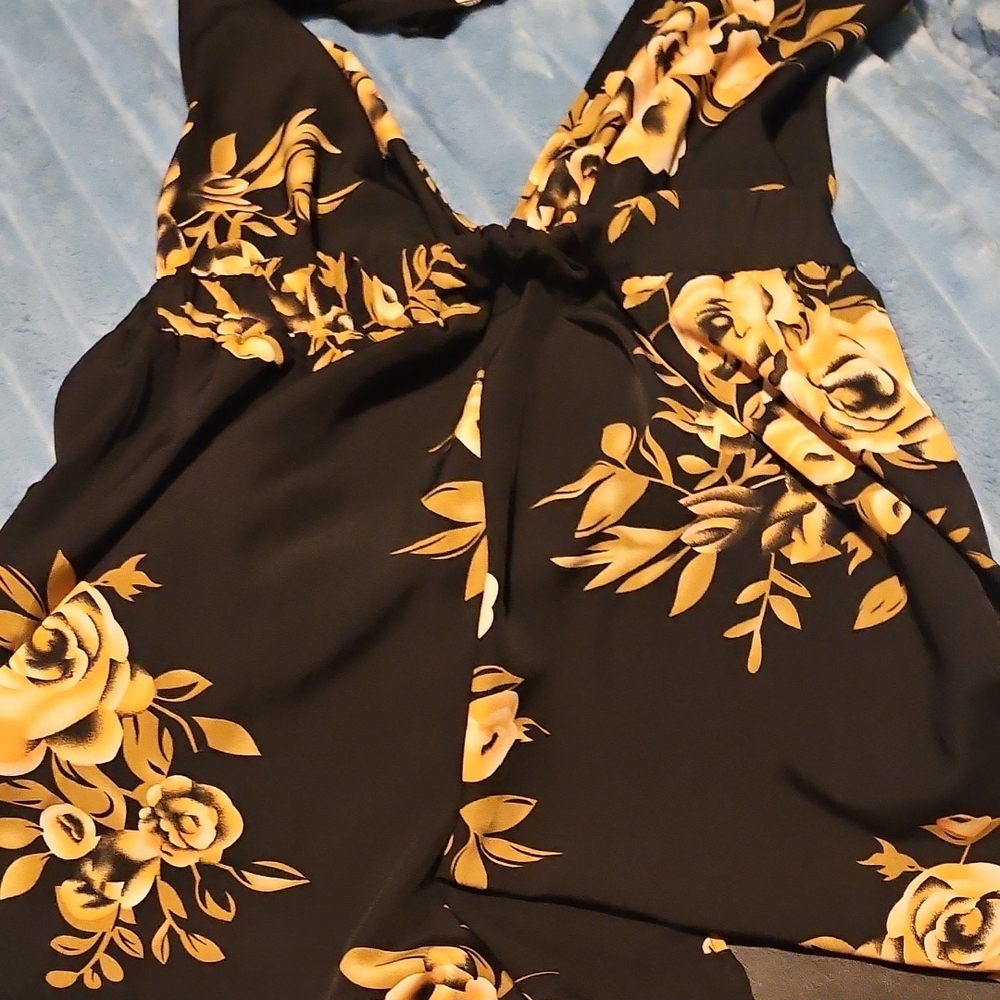 Floral Black and Gold Romper With Wrap Tie. Backless